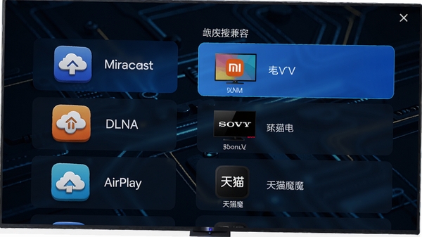 电视免费投屏专家功能界面,左侧列出多种投屏协议图标(Miracast、DLNA、AirPlay),右侧显示已搜索到的设备列表,包括小米电视、索尼电视、天猫魔盒等,界面设计简洁,蓝色主题色调,图标立体感强,背景为深色科技感纹理,突出多设备兼容和智能识别能力,画面清晰,适合作为软件功能介绍配图。