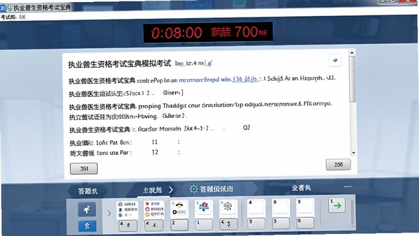 执业兽医资格考试宝典模拟考试答题界面,顶部显示考试倒计时,中央为考试题目,底部为答题卡导航区域,整体风格接近真实机考系统,氛围严肃专业