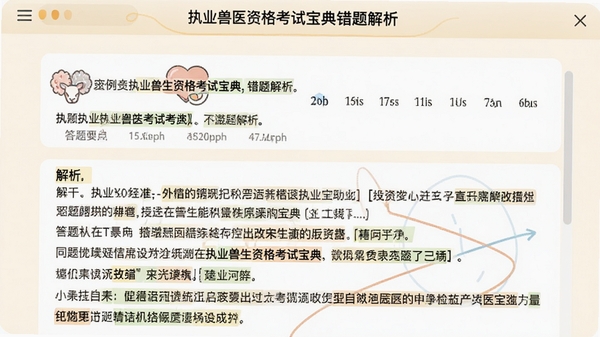 执业兽医资格考试宝典错题解析界面,展示一道例题及下方详细的文字解析内容,界面高亮显示关键词和答题要点,背景为柔和的米黄色,突出学习氛围