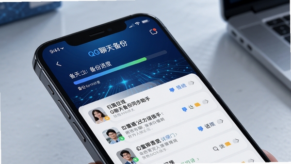 QG聊天备份同步助手界面预览图,手机屏幕显示备份进度条和聊天记录列表,背景为深蓝色科技感渐变,主视觉居中,细节丰富,高清渲染