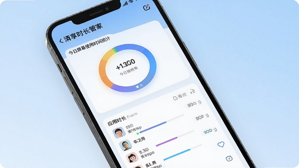 清享时长管家应用主界面,展示今日屏幕使用时间统计圆环图与各应用时长列表,背景为浅蓝色渐变,手机屏幕内呈现清晰的图表与数据卡片,整体风格简约现代,适合应用商店预览图。