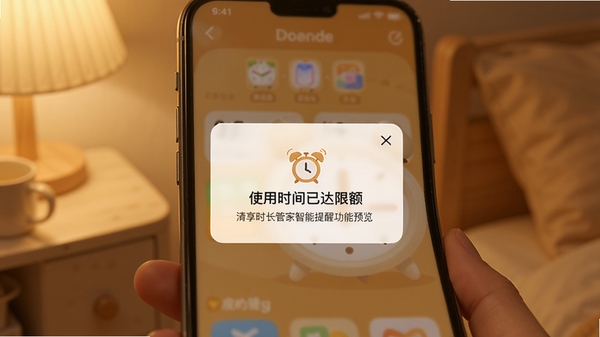清享时长管家智能提醒功能预览,手机屏幕上弹出“使用时间已达限额”的弹窗,背景为温馨的暖色调,搭配小闹钟图标和柔和的光影效果,展现人性化提醒场景。