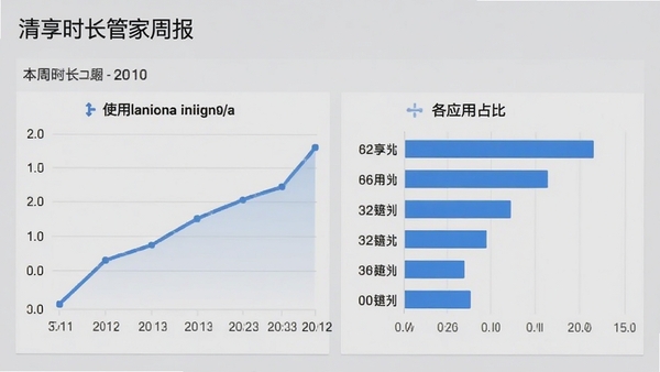 清享时长管家周报截图,展示本周使用时长趋势折线图与各应用占比横向条形图,背景为浅灰色报表样式,搭配蓝色数据线条,突出专业性与数据清晰度。