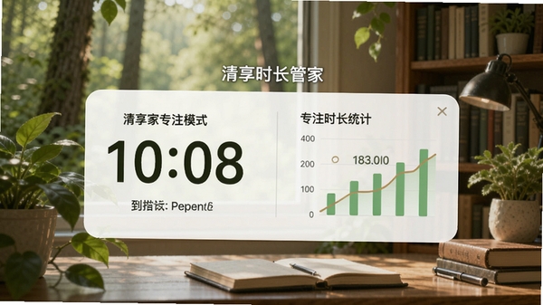 清享时长管家专注模式界面,显示倒计时与专注时长统计,背景为森林或书房等宁静场景,搭配绿色植物元素,营造安静专注的氛围,画面色调清新自然。