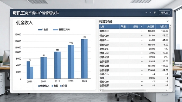 房讯王房产中介管理软件的财务统计报表截图,展示佣金收入、收款记录的图表数据,以柱状图和列表形式呈现,画面专业,数据清晰,背景为干净的办公室环境