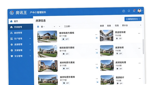 房讯王房产中介管理软件主界面预览图,展示软件整体布局,左侧为功能导航栏,右侧为房源信息列表,整体风格简洁商务,色彩以蓝色和白色为主,界面清晰明亮