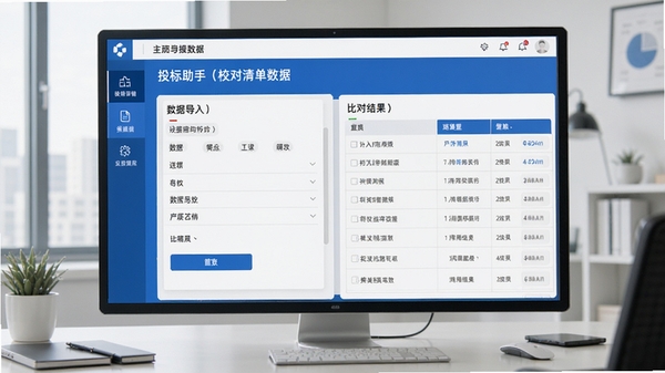 投标助手(校对清单数据)主界面预览图,展示清晰的功能分区、数据导入区域与比对结果列表,背景为简洁的办公桌面环境,现代商务风格,界面以蓝白为主色调,强调专业与高效感