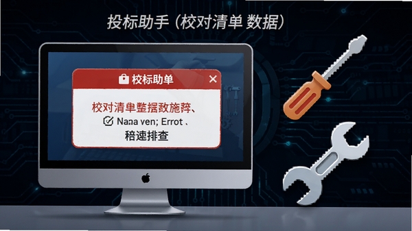 投标助手(校对清单数据)故障排查示意图,画面展示电脑屏幕前出现错误提示框,旁边有螺丝刀和扳手工具图标,背景为深色技术风格,突出解决问题与修复的主题