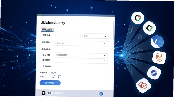 招聘之星职位发布功能操作界面截图预览,画面中央显示职位编辑表单,右侧有多个招聘平台图标呈扇形排列,象征一键分发,背景为深蓝色科技感渐变,突出高效与连接性