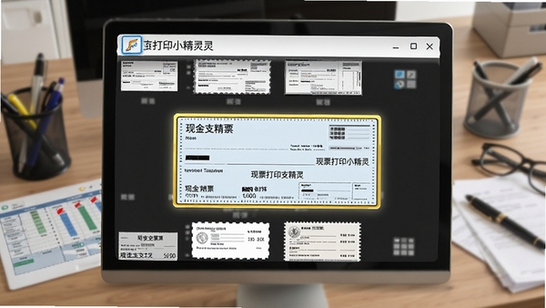 支票打印小精灵票据模板选择界面,展示多种标准票据样式,高亮显示现金支票模板,背景为财务办公桌