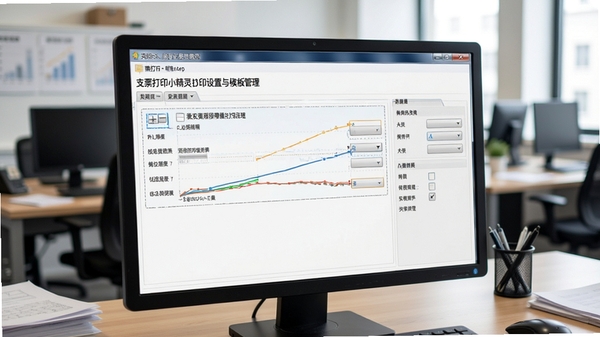 支票打印小精灵打印设置与模板管理界面,展示参数调整选项,背景为财务办公场景