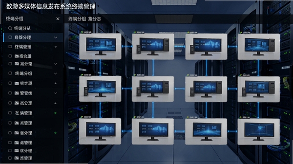 数游多媒体信息发布系统终端管理界面,左侧为终端分组列表,右侧展示多台设备在线状态与缩略图,背景为机房服务器机柜,蓝色数据线条连接各个设备,科技感强
