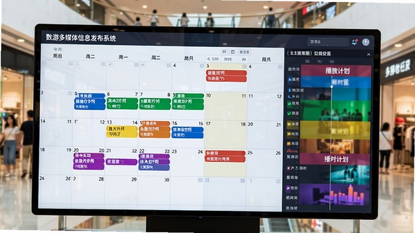 数游多媒体信息发布系统定时任务设置界面,日历视图上标注不同颜色播放计划,右侧为时间轴配置面板,背景为数字标牌在商场中的应用场景,屏幕显示不同时段内容,色彩丰富