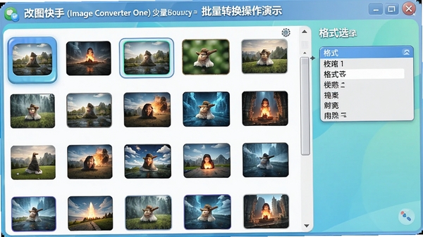 ��ͼ����(Image Converter One)����ת��������ʾ��������ʾ����ͼƬ����ͼ�б����Ҳ�Ϊ��ʽѡ�������˵�������ɫ�����£�ͼ�������ǿ