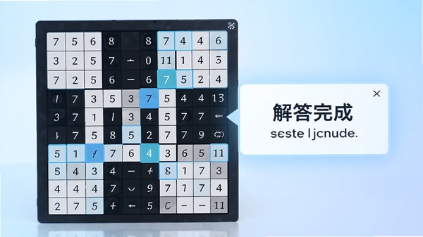 数独计算器正在自动求解的界面,网格中的数字被高亮显示,旁边弹出“解答完成”的提示框,背景为淡蓝色渐变,体现智能高效的求解过程