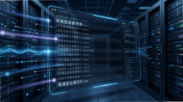 文件查询器高速搜索场景图,画面中央显示快速滚动的搜索结果列表,背景有抽象的数据流线条,突出极速定位的特点