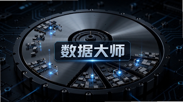 数据大师深度扫描过程示意图,画面显示磁盘轨道与数据碎片被逐一检测,背景为深色科技质感,中央位置有数据大师字样标识,整体风格专业且具有视觉冲击力