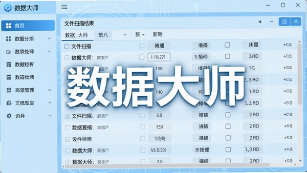 数据大师主界面截图,展示清晰的软件布局,左侧为功能导航栏,右侧为文件扫描结果列表,背景为浅蓝色科技感界面,整体风格简洁现代,画面主体突出软件名称数据大师