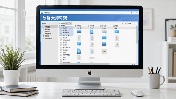 数据大师软件运行效果图,画面展示软件在电脑桌面上运行的界面,背景为整洁的办公桌面环境,软件窗口内显示恢复成功的文件列表,整体色调明亮清晰,突出数据大师软件名称