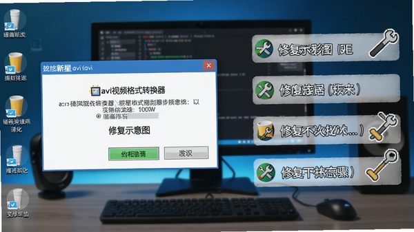 新星avi视频格式转换器错误提示修复示意图,显示一个弹窗报错,旁边有修复步骤文字说明,背景为电脑桌面