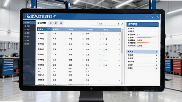 新业汽修管理软件在电脑上运行的主界面截图,展示车辆维修工单列表和库存预警面板,画面清晰明亮,背景为整洁的汽修车间
