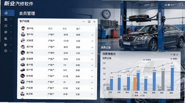 新业汽修软件的会员管理界面,展示客户档案列表和消费记录图表,背景有汽车保养场景元素,整体风格专业商务