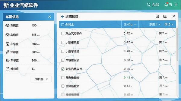 新业汽修软件创建维修工单的操作界面,左侧为车辆信息栏,右侧为维修项目列表,界面设计简洁直观,色彩明快