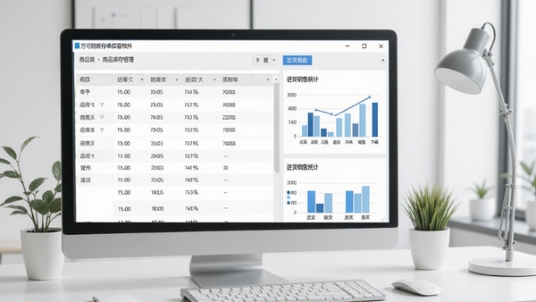 方可进销存单账套软件主界面截图,画面主体为简洁清晰的商品库存管理列表与进货销售统计图表,背景为现代简约风格的办公室桌面环境,整体色调明亮干净,展示软件高效易用的核心全貌