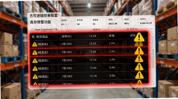 方可进销存单账套库存预警功能界面,画面主体为红色高亮的低库存商品列表与黄色感叹号预警图标,背景为仓库货架模糊虚化,突出库存管理的紧迫感与智能化