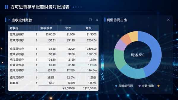 方可进销存单账套财务对账报表界面,画面主体为清晰的应收应付账款明细表格与圆形利润占比图,背景为深蓝色商务科技感光效,体现财务数据的严谨与可视化分析能力
