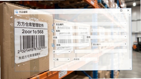 方可仓库管理软件货品编辑窗口示意图,前景为软件表单界面,包含货品编码、名称、规格等输入框,背景虚化为仓库货架上的条码标签特写,画面清晰传达出信息录入与分类管理的核心功能