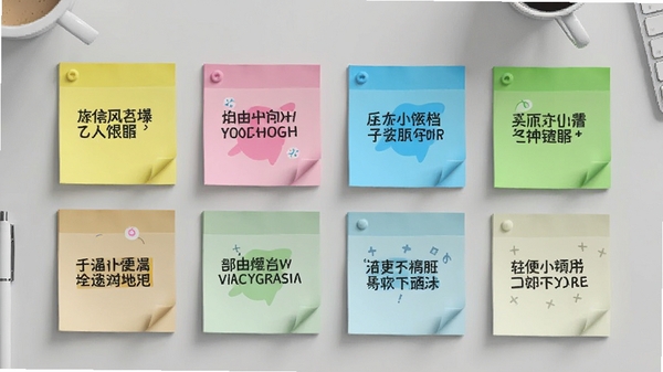 旋风桌面便签多色皮肤展示,桌面上整齐排列着不同颜色的便签,有黄色、粉色、蓝色、绿色,每张便签上的文字内容主题不同,背景为浅灰色的简约桌面,风格清爽,展示便签的个性化自定义功能