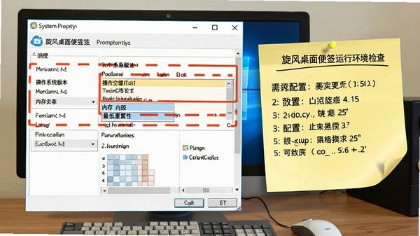 旋风桌面便签运行环境检查示意图,电脑屏幕显示系统属性窗口,高亮显示操作系统版本和内存容量,旁边有一张便签列出软件运行所需的最低配置要求,画面清晰,指导用户进行兼容性自查