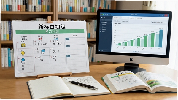 日语辅导员(新标日初级)学习计划表,桌上摆放笔记本、笔和教材,电脑屏幕显示软件学习进度图表,背景为书房书架,体现规划学习