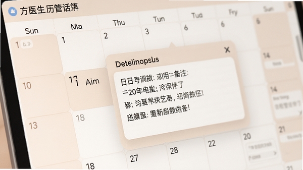方医生日历电话簿日程管理功能特写,画面聚焦于软件日历界面中一个被标记的日期,弹出窗口显示详细的日程安排与备注信息,背景日历格子清晰可见,色调柔和,突出软件在日期管理方面的便捷性与条理性