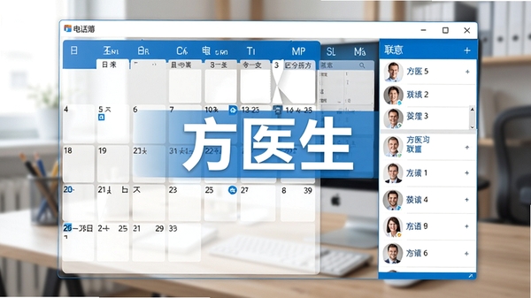 方医生日历电话簿主界面预览图,展示软件在Windows桌面运行的完整界面,左侧为日历月份视图,右侧为联系人列表,整体采用蓝白配色,界面简洁清晰,现代感强,画面中心突出软件名称,背景为虚化的办公桌面环境