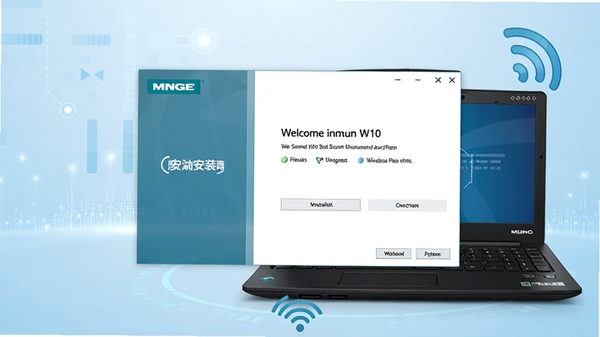 明基W10无线网卡驱动官方安装界面预览图,画面中央显示驱动安装向导的欢迎界面,左侧有明基品牌标志,背景为浅蓝色科技感桌面,配有一台明基笔记本电脑和无线网络信号图标,整体风格简洁清晰