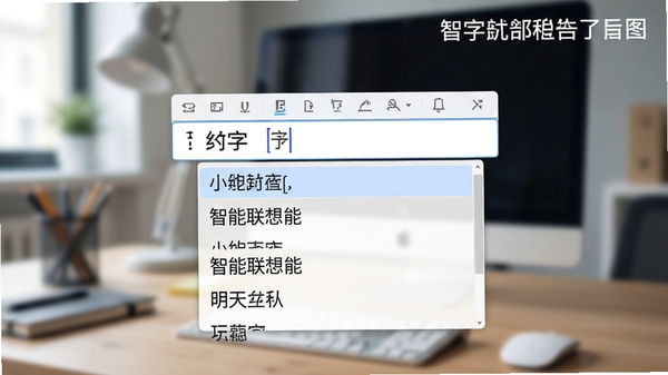 明天打字员智能联想功能演示图,屏幕中央显示输入框,下方弹出多个候选词列表,软件名称在界面右上角清晰标注,背景为模糊的办公桌面,突出联想词条的清晰与智能,整体风格简洁专业。