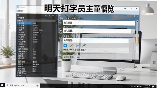 明天打字员主界面预览图,展示软件在Windows桌面上的运行效果,左侧为词库管理面板,右侧为输入设置区域,背景为干净的办公场景,整体配色清新明亮,软件名称以醒目字体显示在窗口顶部,画面清晰,细节丰富。