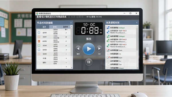 易得优计算机音乐打铃播放系统主界面预览图,展示软件在电脑桌面运行的完整界面,包含作息时间表编辑区域、音乐播放控制按钮、当前时间显示以及本周课程安排列表,背景为整洁的学校办公室环境,画面清晰明亮,突出软件的定时打铃与音乐播放核心功能