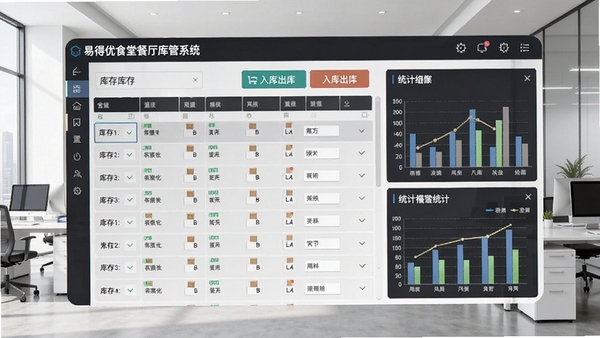 易得优食堂餐厅库管系统的主界面截图,展示库存列表、入库出库按钮和统计图表,背景为现代简约的办公室环境,整体画面清晰明亮,软件界面细节丰富