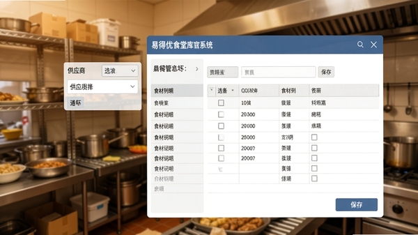 易得优食堂餐厅库管系统的入库操作界面,显示供应商选择、食材明细表格和保存按钮,背景为食堂后厨的货架,画面色调温暖,细节真实