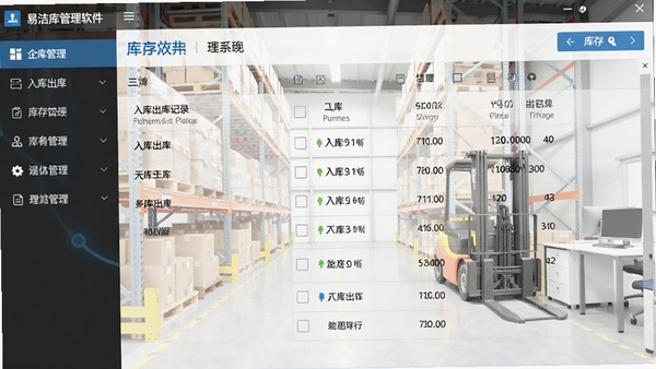 易洁仓库管理软件主界面截图,左侧为功能导航栏,右侧为库存列表,背景为整洁的现代化办公室仓库环境,整体风格清爽明亮,软件界面清晰展示入库出库记录,符合企业管理软件的特征