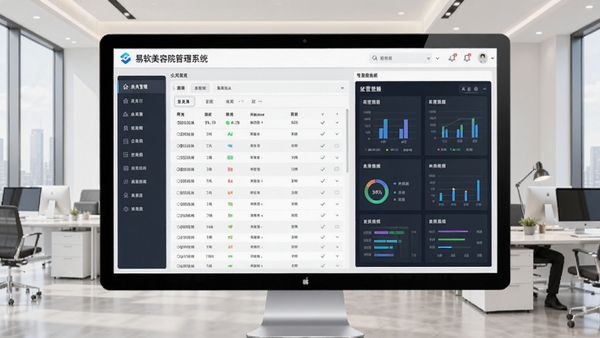 易软美容院管理系统主界面预览图,展示清晰的会员管理列表和经营数据看板,背景为简洁的现代办公环境,整体风格商务且明亮