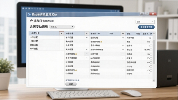 易软美容院管理系统会员储值卡管理功能界面图,展示卡类型设置和余额变动明细列表,画面以数据表格为中心,背景为模糊的电脑屏幕和桌面环境