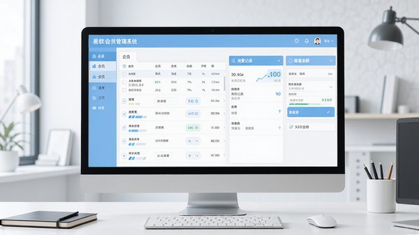 易软会员管理系统的主界面截图,展示清晰的会员列表、消费记录、储值余额等核心功能模块,背景为现代简约的办公桌面,整体色调以浅蓝色和白色为主,营造专业、高效、易用的软件氛围