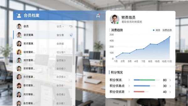 易软会员管理系统的会员档案界面,左侧为会员列表,右侧显示某个会员的详细资料卡片,包含消费趋势图表和积分情况,背景是模糊的办公环境,突出软件的数字化管理能力