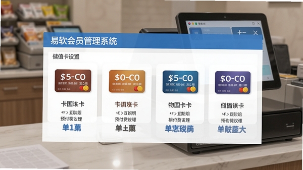 易软会员管理系统的储值卡设置页面,展示不同卡种的图标和费用说明,背景为收银台场景,体现软件在预付费管理中的实用价值