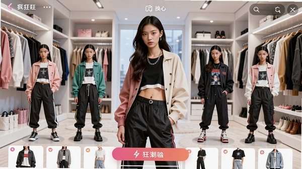 疯狂潮装软件主界面,展示丰富的服装搭配素材库,背景为明亮的时尚衣帽间,模特展示多套潮流服饰,画面清晰有活力,突出软件核心的换装功能。