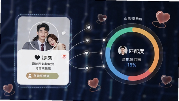 新时代婚恋交友智能匹配功能示意图,画面左侧为个人资料卡片,右侧展示与另一位用户的匹配度环形图,背景有连接线和心形图标,科技感与温馨感并存